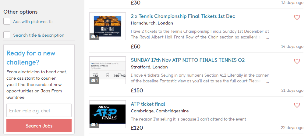 Screenshot of Gumtree Tennis Tickets
