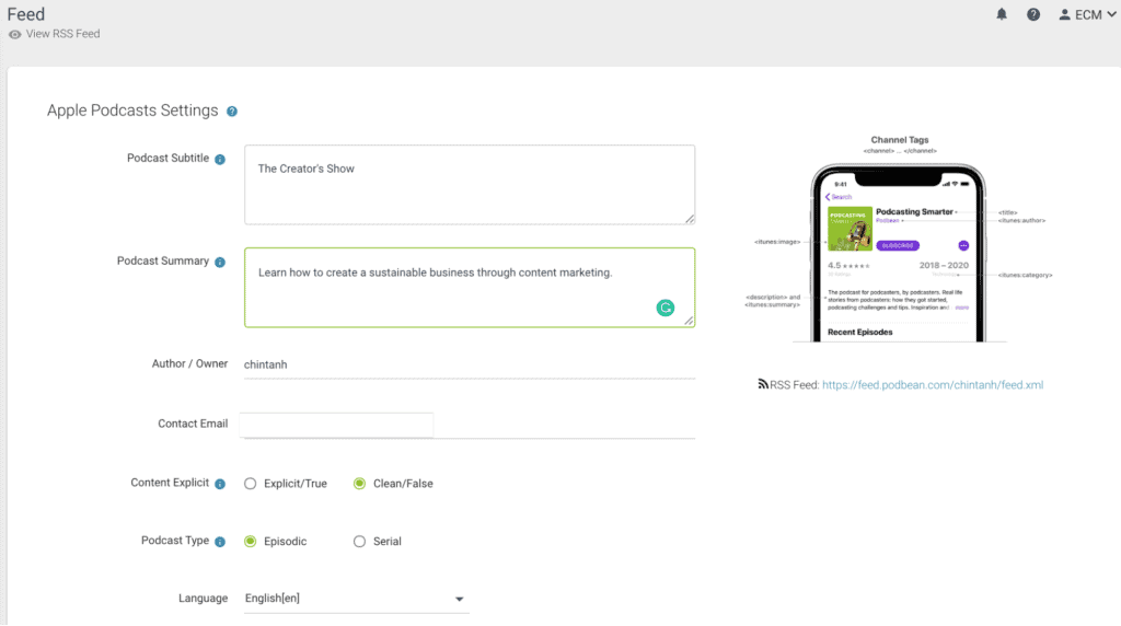 The Apple Podcast and Feed menu on Podbean