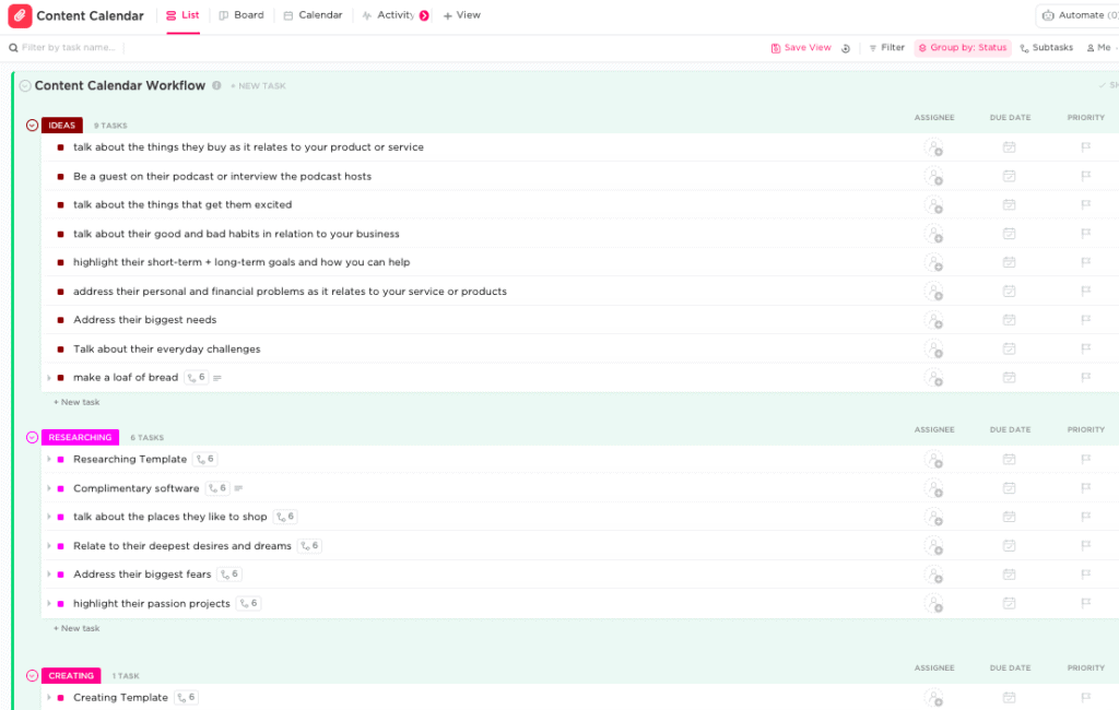 the list view on ClickUp