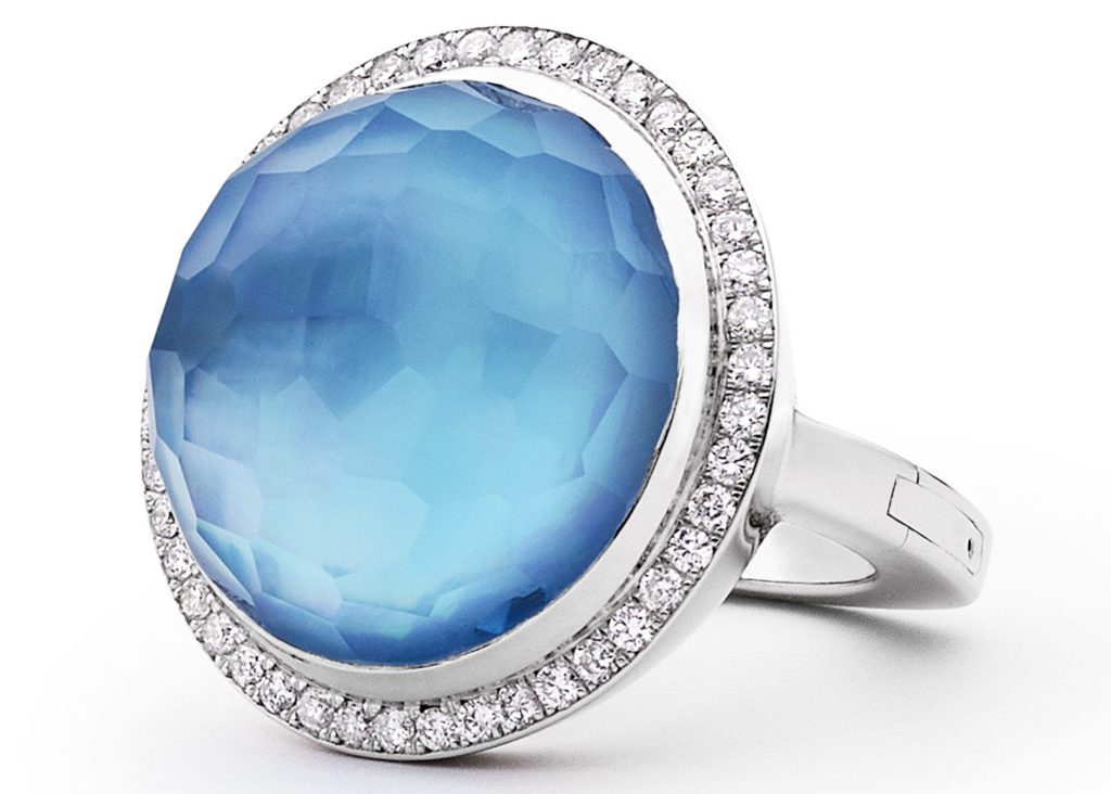 CliQ® by Superfit's Sanibel cocktail ring platinum diamonds blue topaz mother of pearl