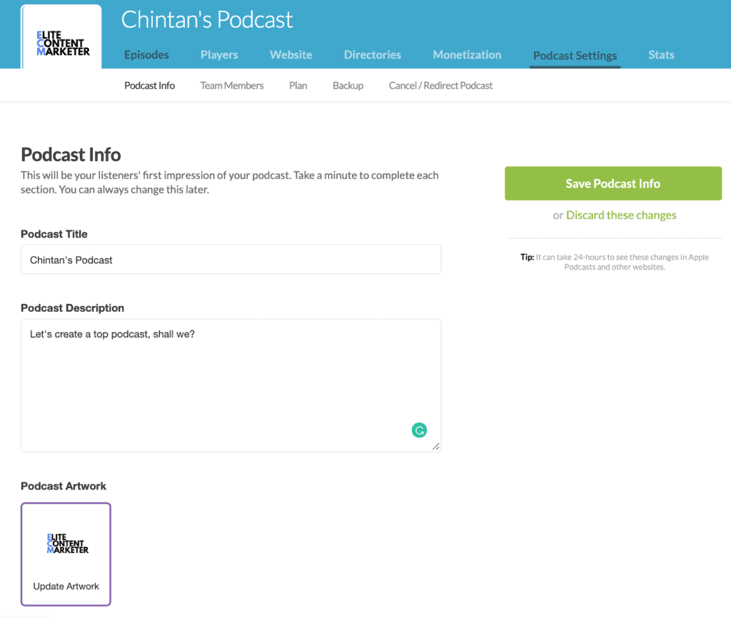 The Podcast Information and description page