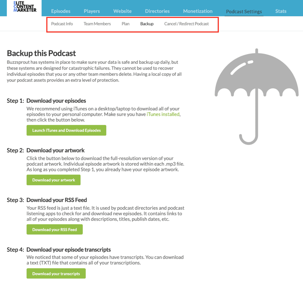 The page where you can backup your podcast