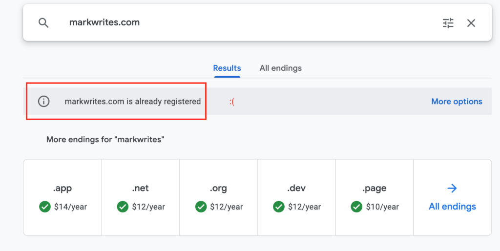 A screenshot of google domains stating that markwrites.com is also registered