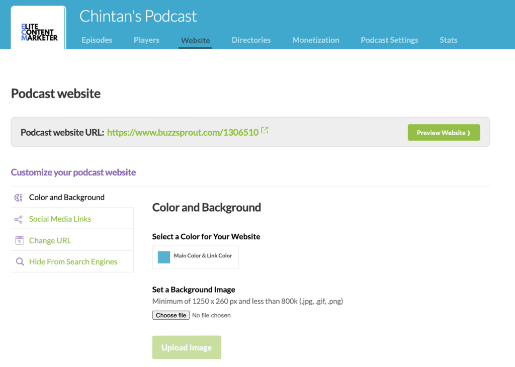 The page where you can customise the podcast website