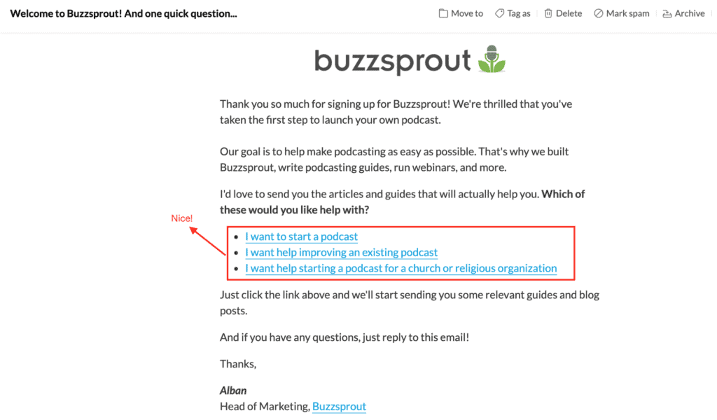 The image is a screen shot of an email from Buzzsprout with various links clicks for FAQs