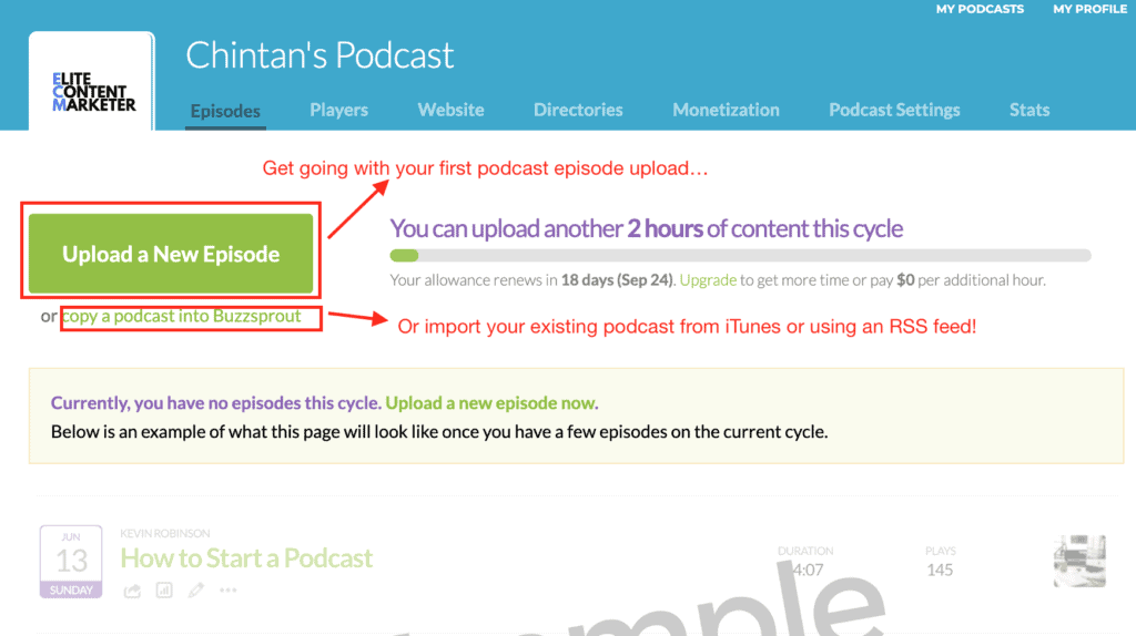 The page to upload a new episode with how much content can be uploaded on this cycle