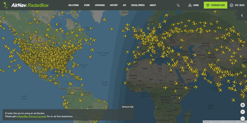 Screenshot von Radarbox: Aufgrund der Coronavirus-Krise ist aktuell kaum transatlantischer Flugverkehr zu tracken.