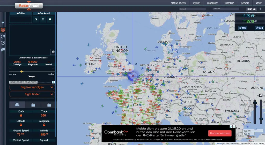 RadarVirtuel shows a map section around London, with an aircraft being actively tracked.