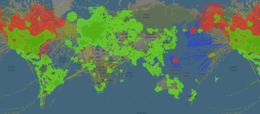 El mapa de cobertura del radar de vuelo de Radarbox en todo el mundo.