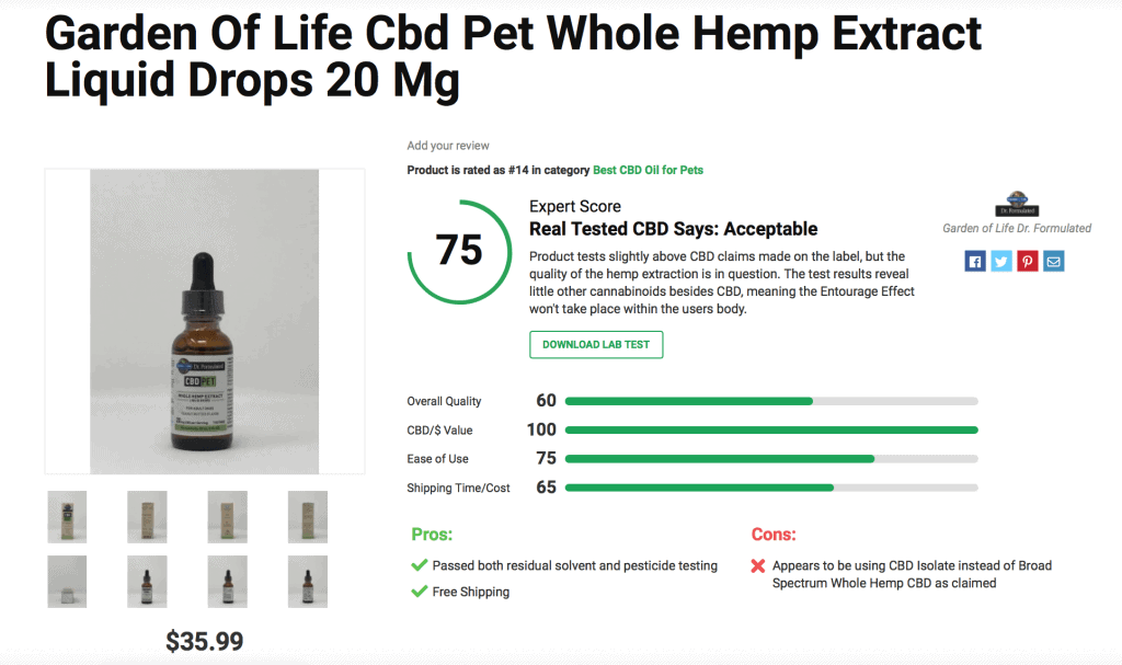Garden of Life CBD Pet Whole Hemp Extract Liquid Drops – 20mg