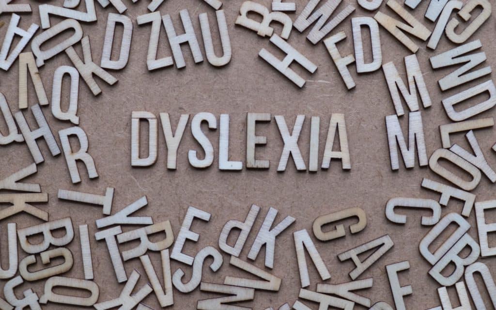 Word dyslexia surround by other jumbled letters.