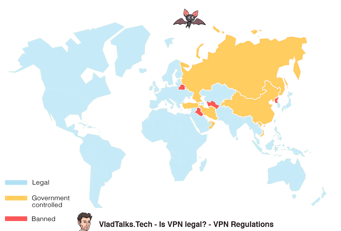 Is VPN legal? The 4 countries where the VPN is banned. 4 Where is VPN legal - Diagram showing where VPN is legal, countries where is controlled, and countries where it is completely banned.