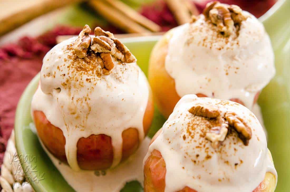 This recipe for Baked Apple Cinnamon Sundaes is downright delicious and full of autumnal flavors. It involves roasted apples (mostly) whole and whipping up homemade vegan ice cream! Plus, there's a no-churn option for those with no ice cream maker. #Vegan #dairyfree #glutenfree #fallrecipes #soyfree