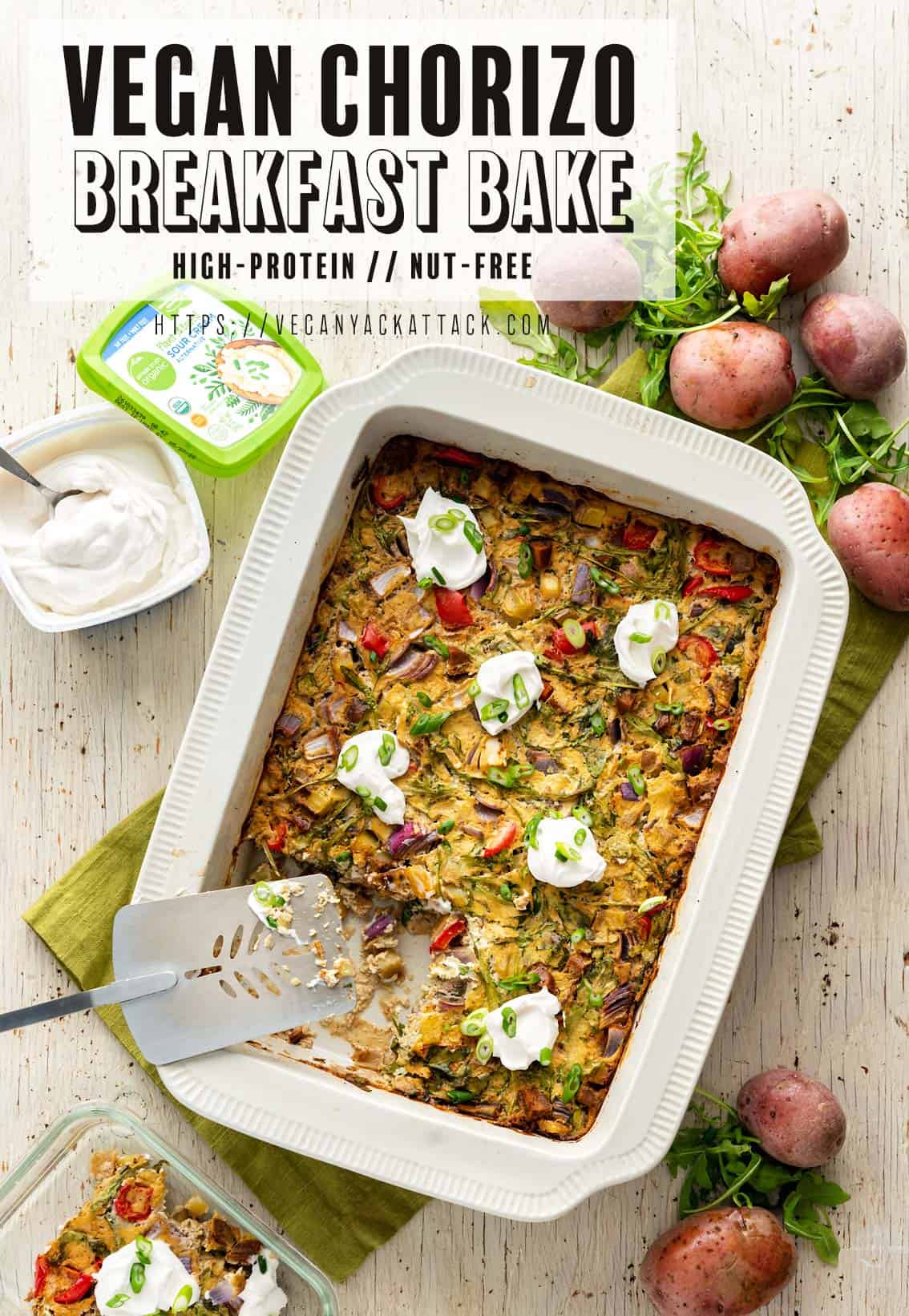 An image of a casserole in a large baking dish with text reading "Vegan Chorizo Breakfast Bake"