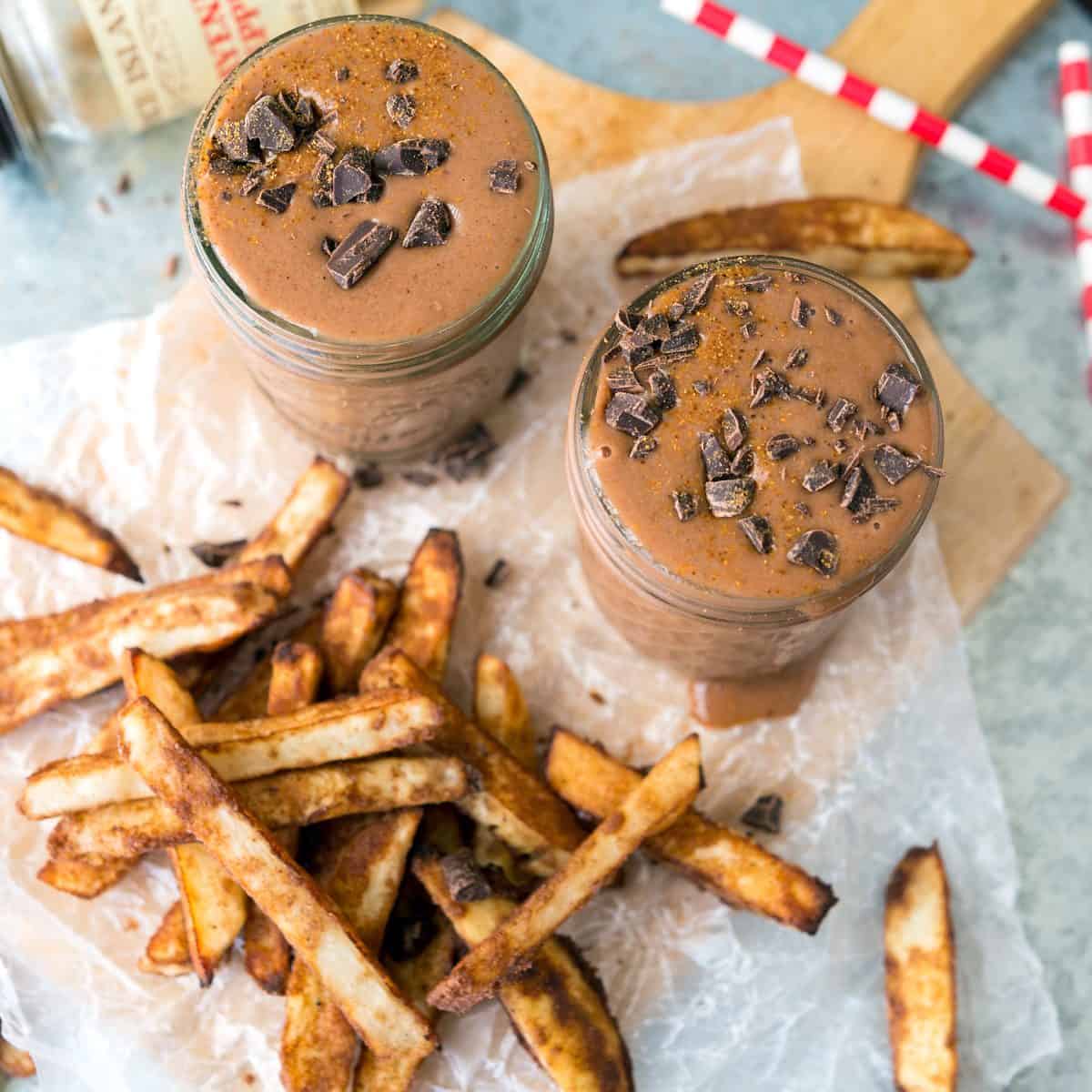 Baked cinnamon fries paired with a frosty Spicy Chocolate Shake! A delicious and surprising treat. #glutenfree #vegan #soyfree