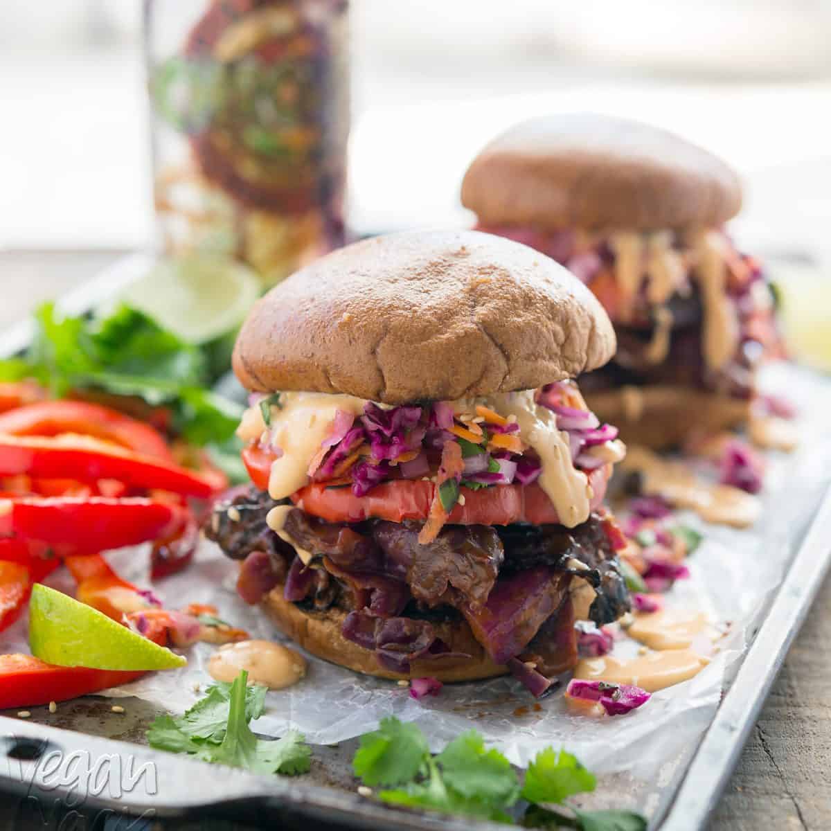 Thai BBQ Beer Cabbage Sandwiches with Daikon Slaw and Spicy Aioli. A fun twist on summer BBQ! #vegan