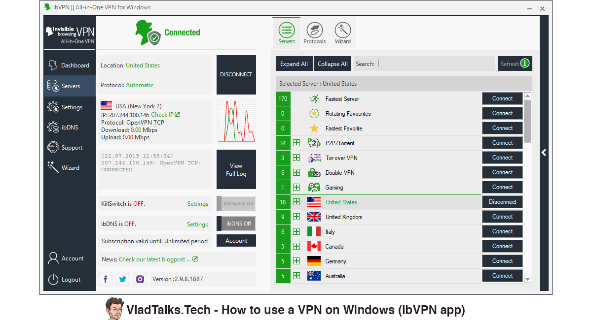 How to use a VPN on Windows. Are Transylvanian bats really blind? 25 Screenshot showing the ibVPN Windows VPN client (server list and options)