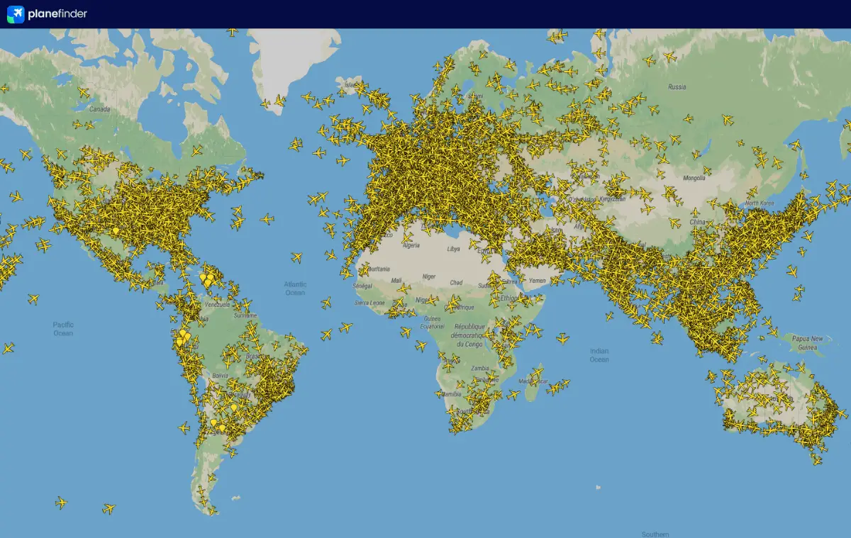 Eine Weltkarte zeigt wo die Abdeckung des Flight-Trackers Plane Finder am stärksten und am schwächsten ist.
