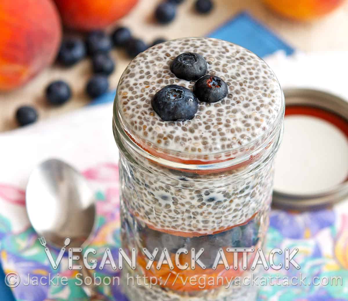 Blueberry Peach Chia Parfait - A pretty parfait with sensational vanilla chia pudding, the best peaches, and deeply colored blueberries. Gluten-free, Vegan
