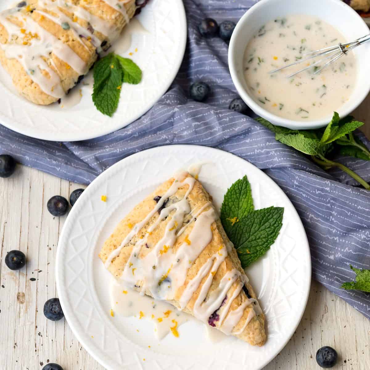 These Glazed Blueberry Mint Scones are the perfect Spring breakfast, paired with tea or a strong cup of coffee! Surprisingly easy-to-make, too. Vegan, Soy-free, Dairy-free