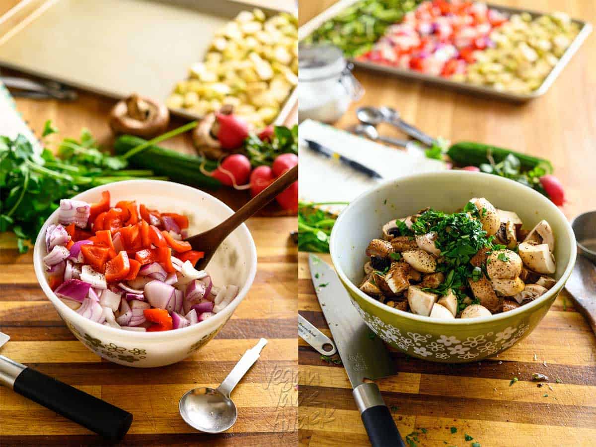 Image collage with two mixing bowls filled with bell pepper mixture and mushroom mixture