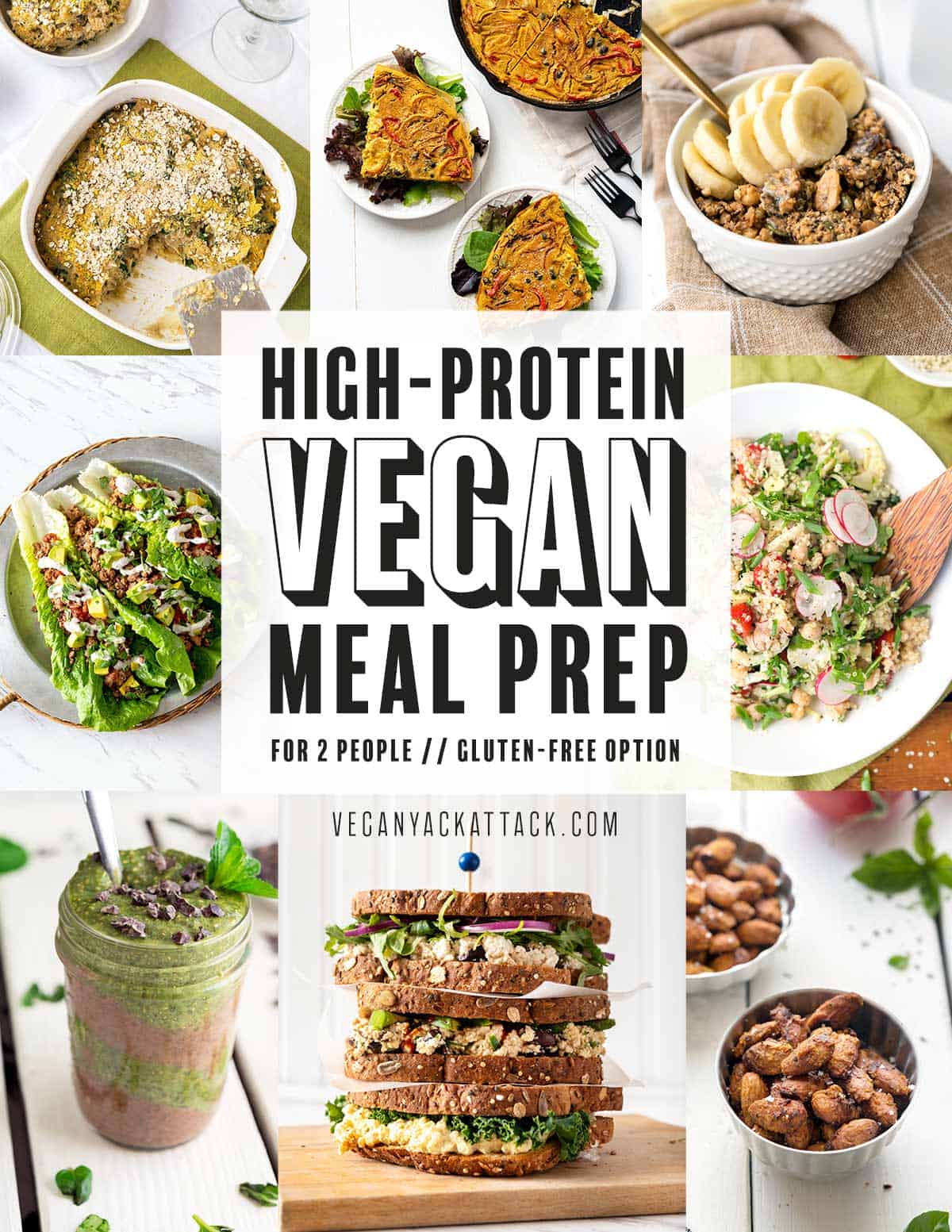 Image collage of 8 different dishes with text overlay reading "High-Protein Vegan Meal Prep"