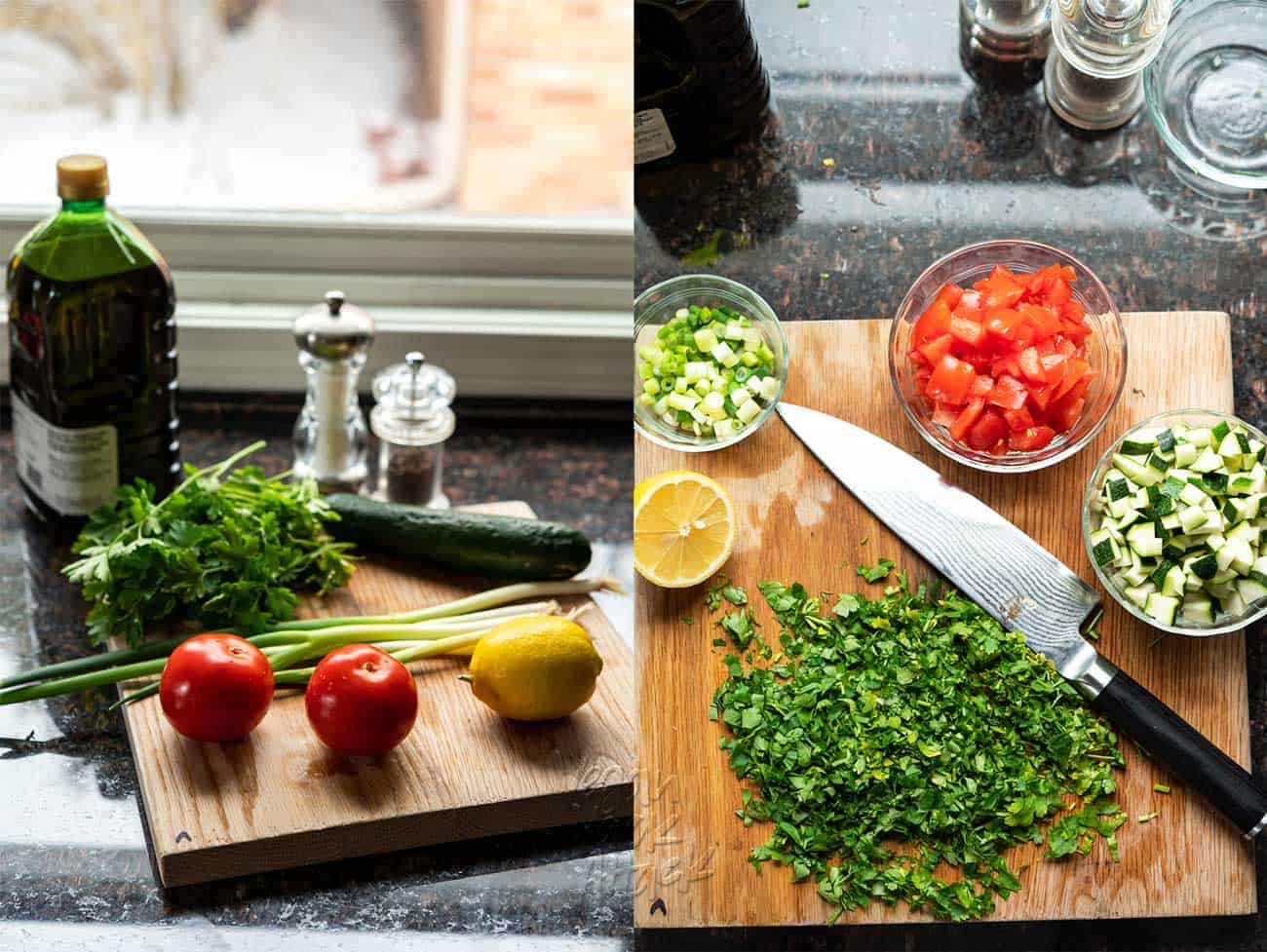 Two images of fresh ingredients for tabbouleh, on right the ingredients are chopped and prepped