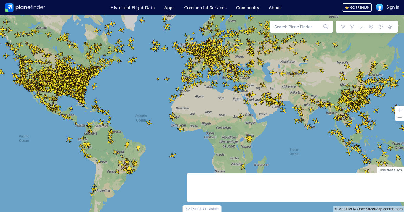 Un mapa mundial muestra dónde la cobertura del Flight Tracker PlaneFinder es más fuerte y más débil.