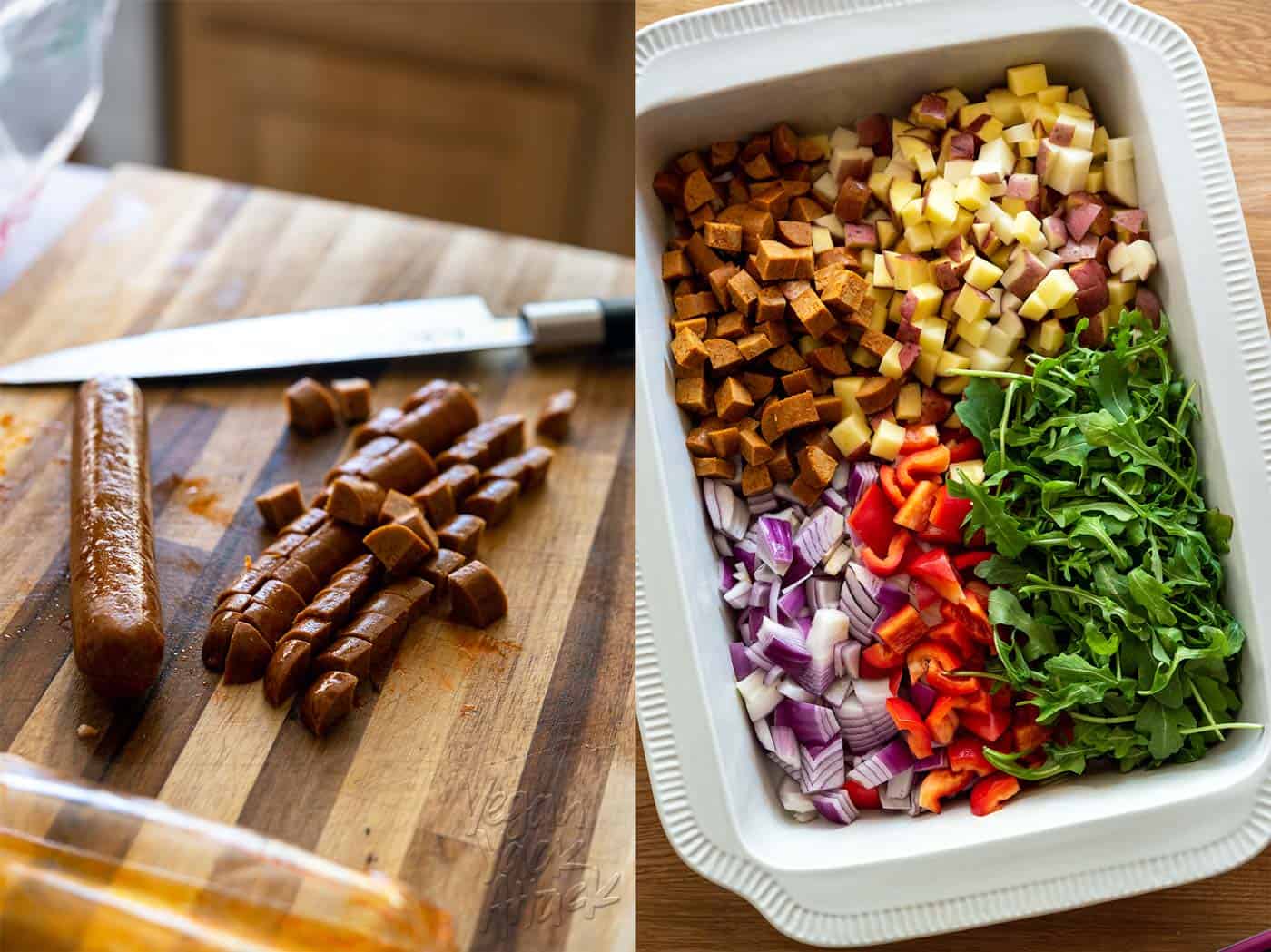 Image left: chopping vegan chorizo, image right: casserole ingredients in baking dish