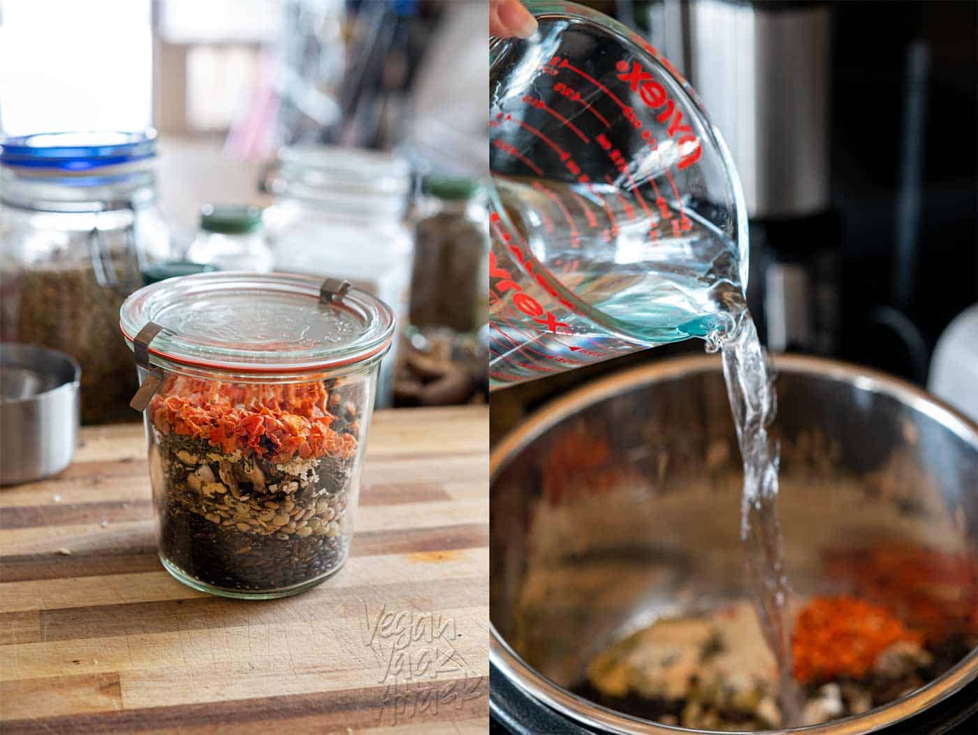 Images of assembly soup mix and water pouring into a pot