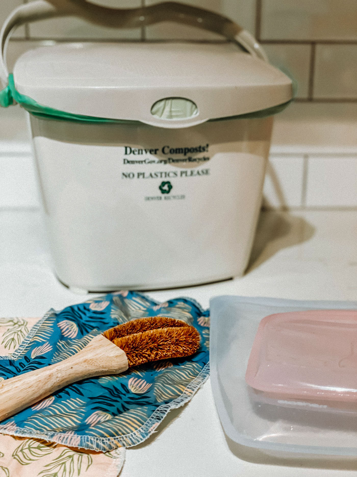 Reusable Kitchen Clothes, Coconut brush, Stasher Bags, Kitchen Compost Bin