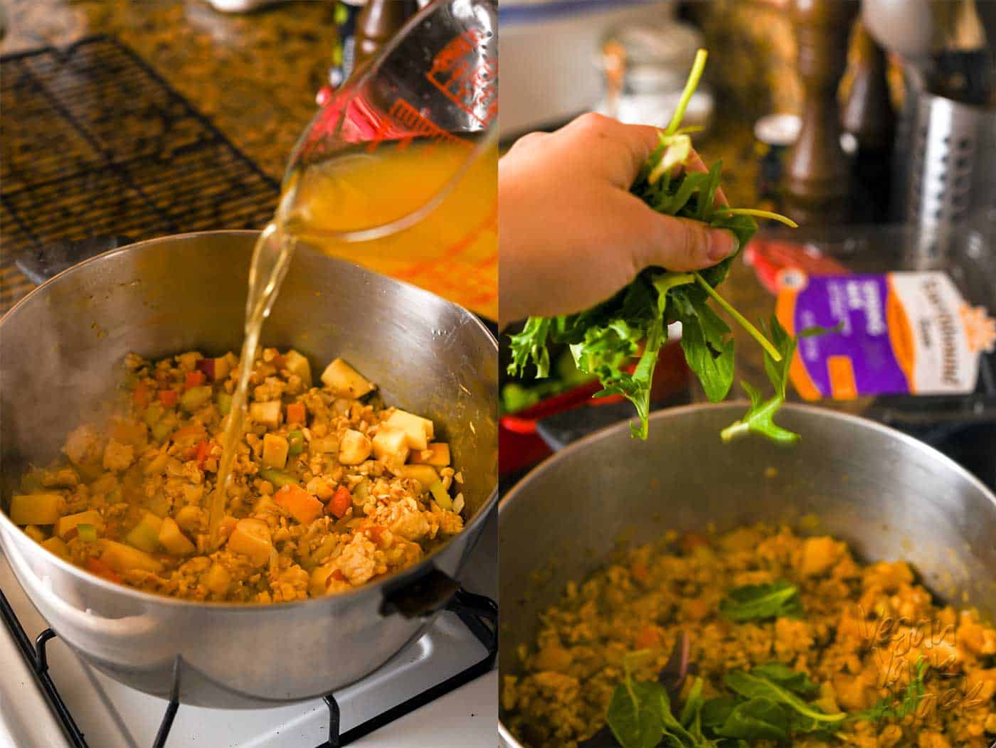 Pouring vegetable broth into a stuffing mix, within a large pot. Then, adding greens to the pot of stuffing mix.
