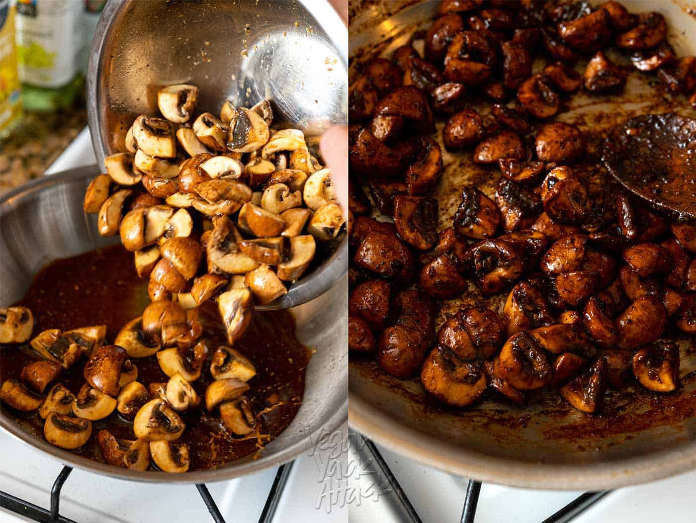 Before and after pictures of making mushroom (champinon) asado