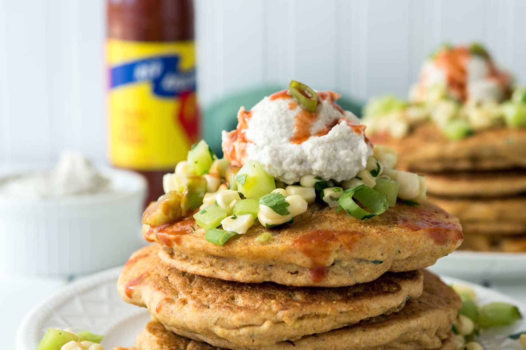 Zucchini Corn Cakes with Green Tomato Relish + Sunflower Sour Cream! A wonderful, savory, summer breakfast. #vegan #soyfree #nutfree #veganyackattack