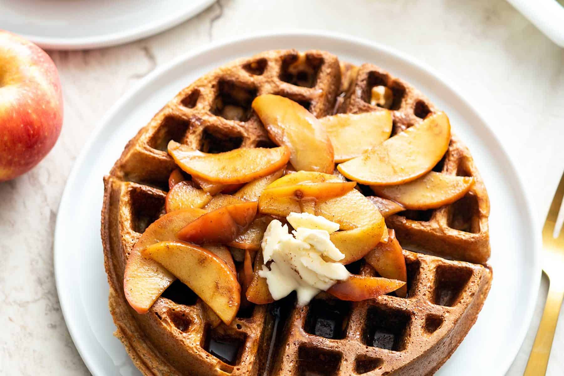 These spiced Chai Waffles with Cinnamon Apple Topping are the perfect fall brunch meal! Plus, they're vegan and soy-free.