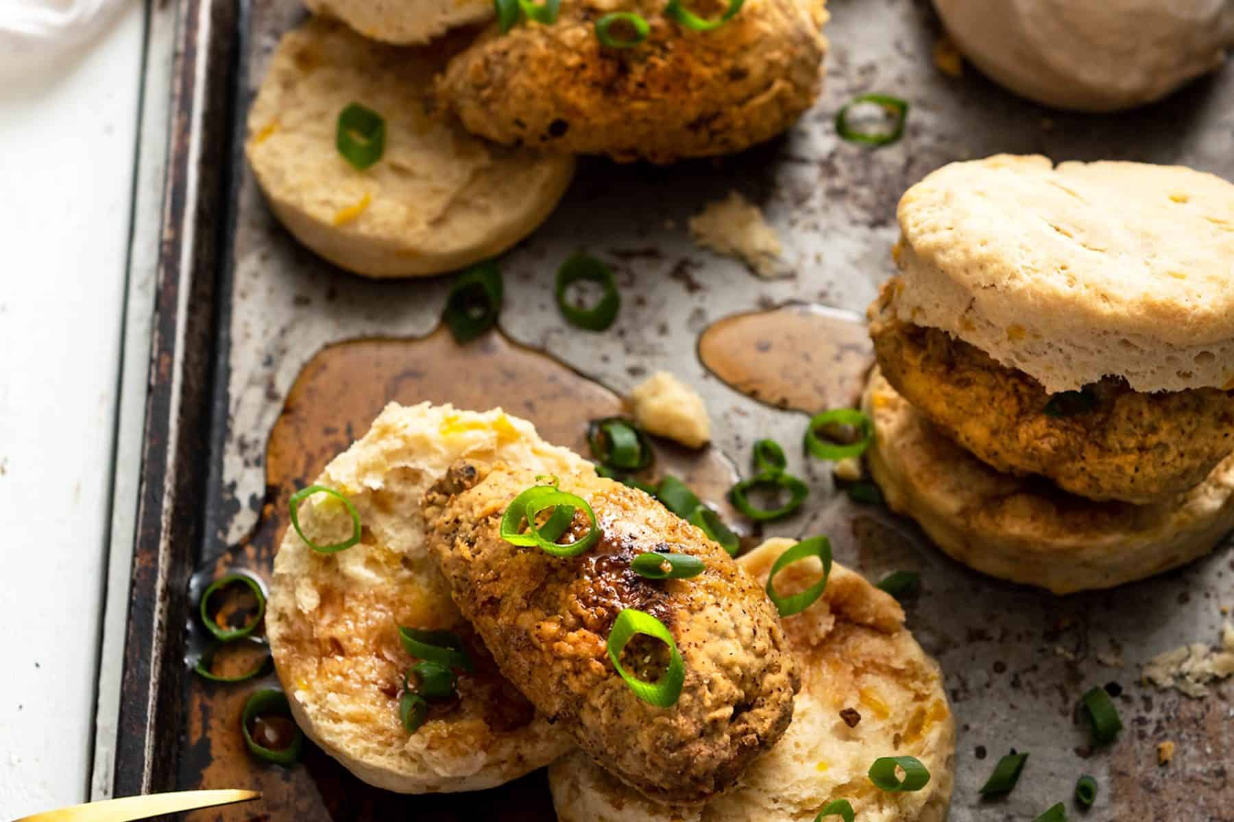 Hearty, flavorful, and perfect for weekend brunch, this vegan Chicken and sourdough biscuits recipe is straight up comfort food! And is non-vegan approved! #vegan #nutfree #brunch #dinner #sourdough #biscuits