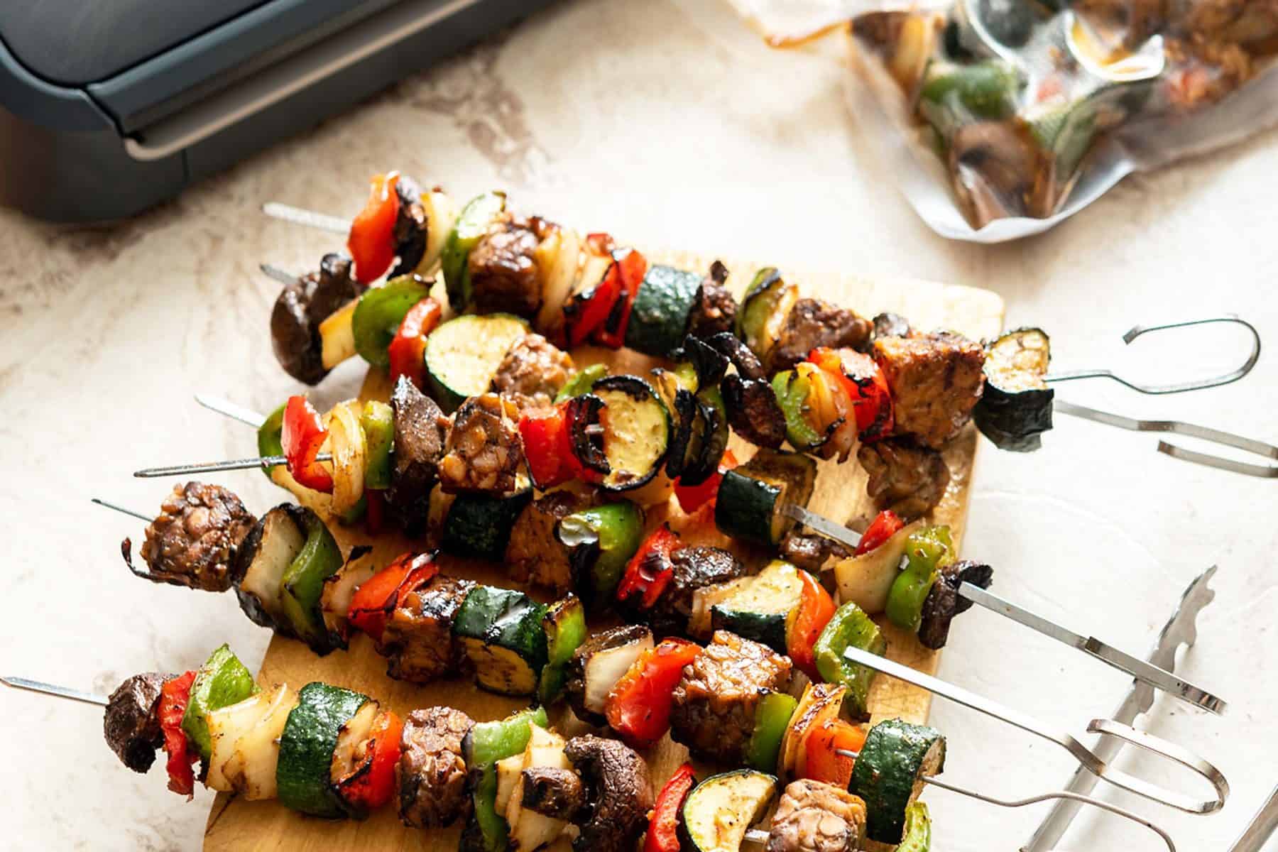 Marinated Tempeh Veggie Kabobs- perfect for summer cook outs, and made easier with FoodSaver! #vegan #nutfree #veganyackattack #foodsaver