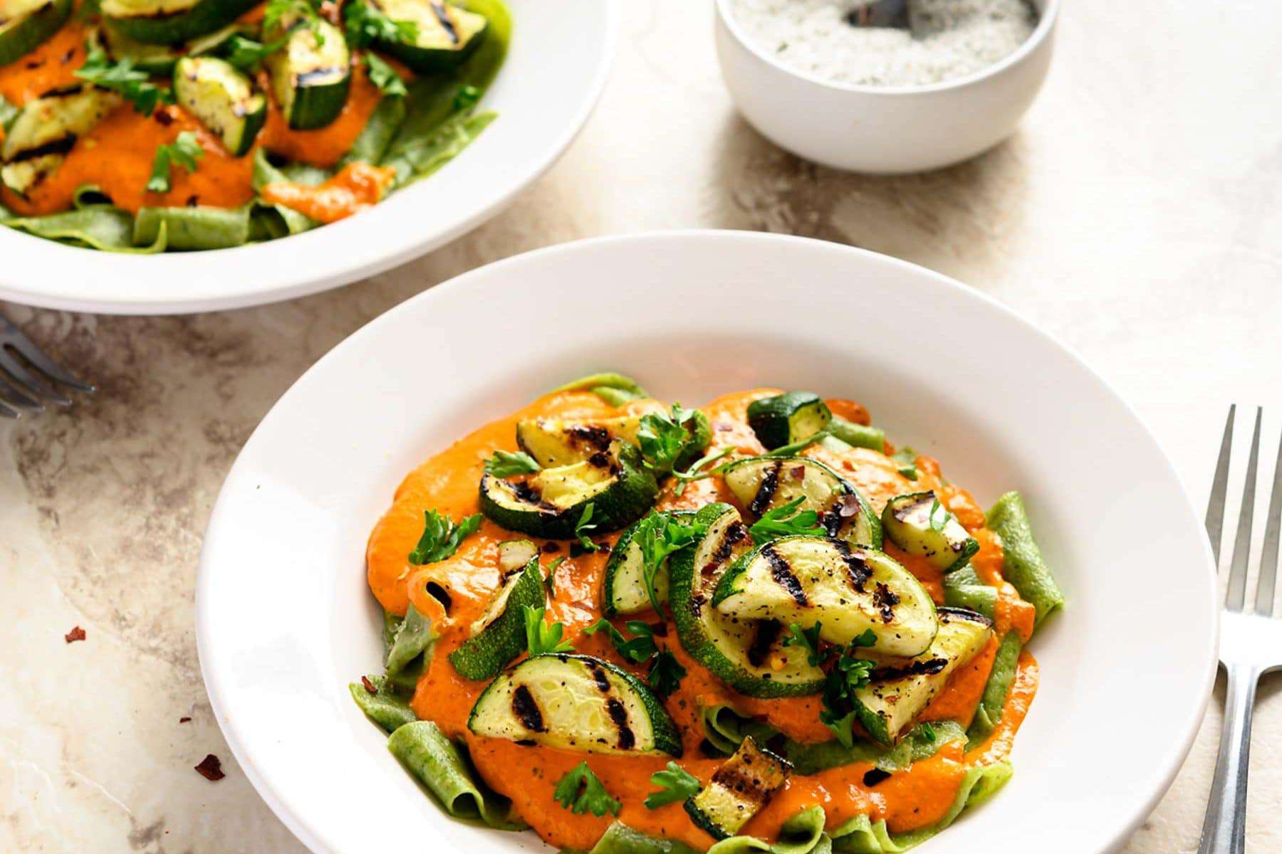 Spinach Pappardelle with Roasted Red Pepper Sauce