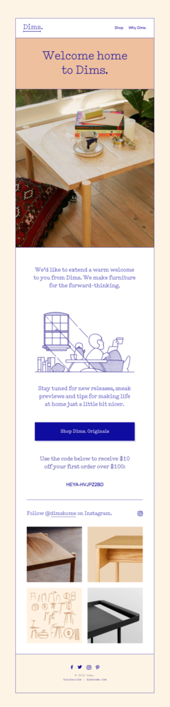 Welcome home to Dims lead nurturing email sequence example