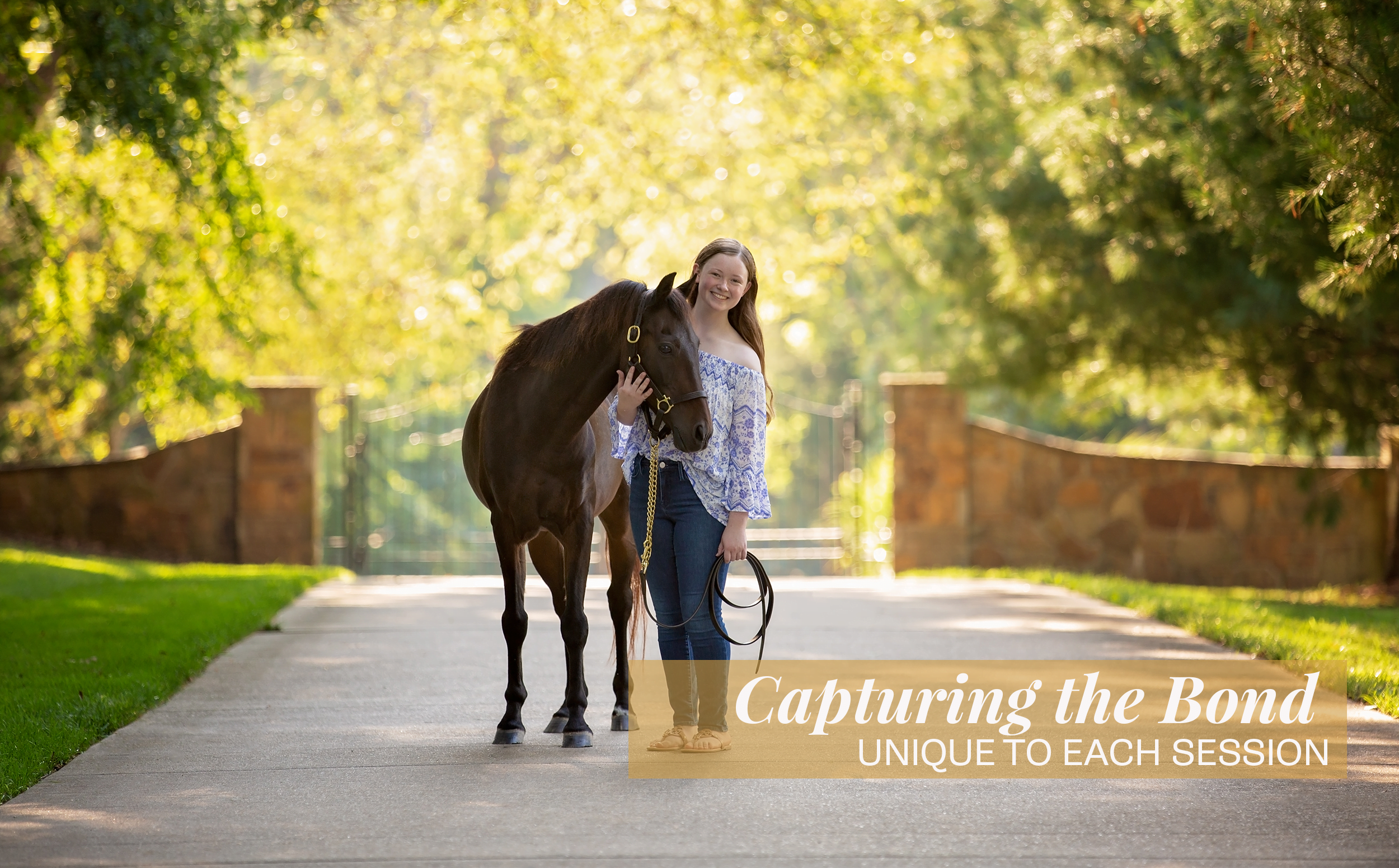 Kidrowski_Creative_Capturing_the_Equestrian_Bond_Photography A beautiful outdoor summer scene of a young girl wearing jeans and an off the shoulder shirt holding her hackney pony on a tree lined paved path in a gated drive.