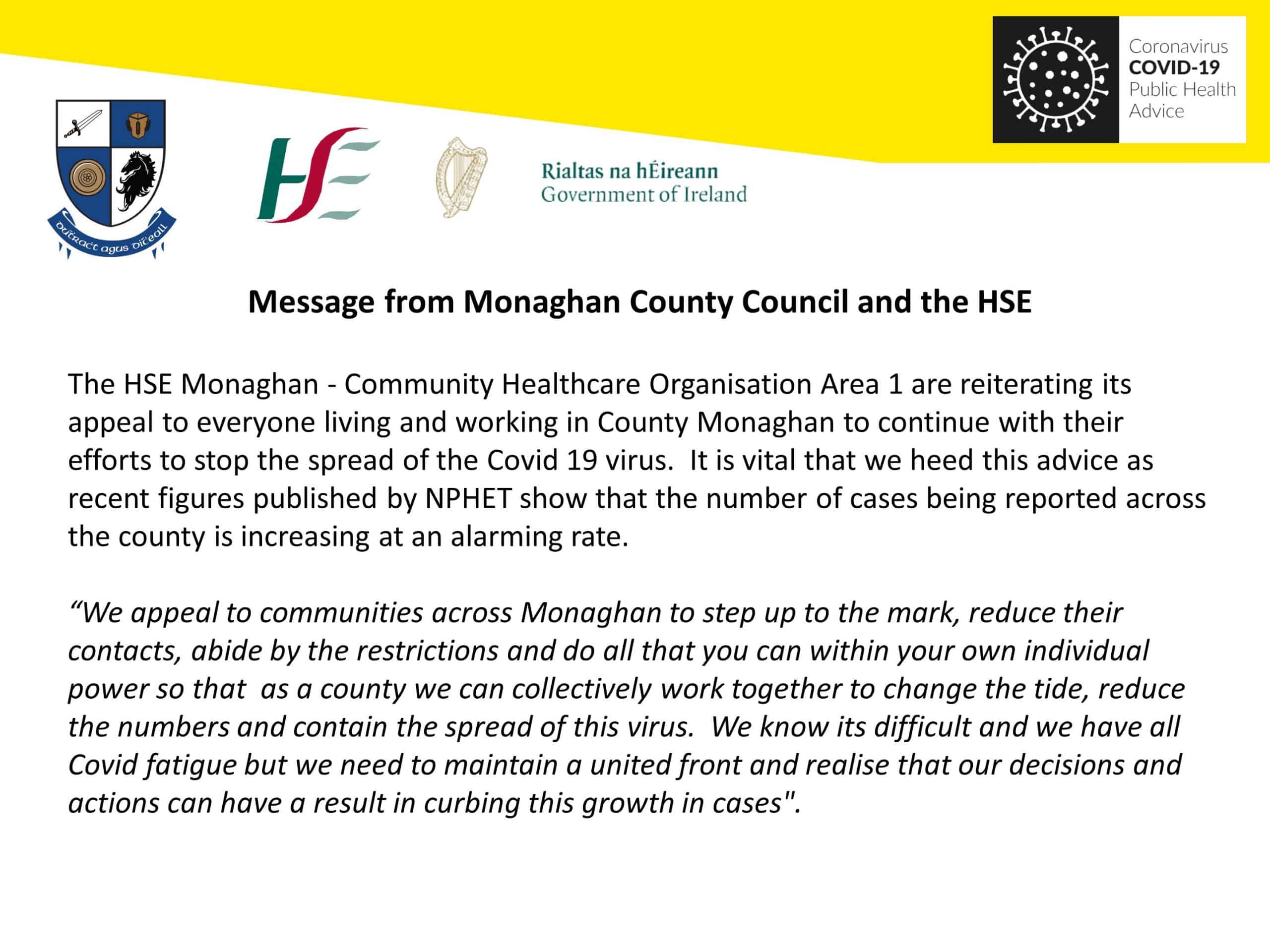 Message from Monaghan County Council and the HSE.