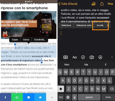 Fare copia e incolla su iPhone