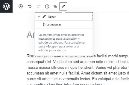 Muestra como alternar entre edición y selección de bloques desde el menú