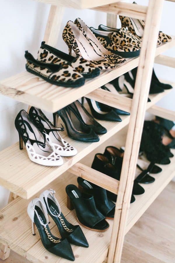 wooden ladder with shelves shoe storage-bedroom organization ideas