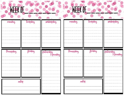 free weekly calendar planner printable full and half size