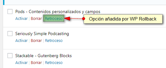 Muestra el enlace de WP Rollback