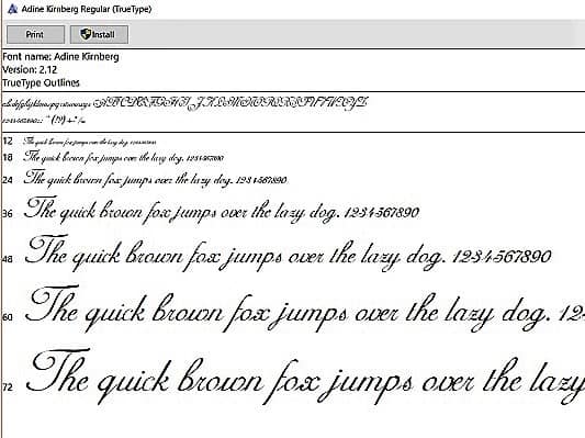 Fonts show this preview with the install button at the top