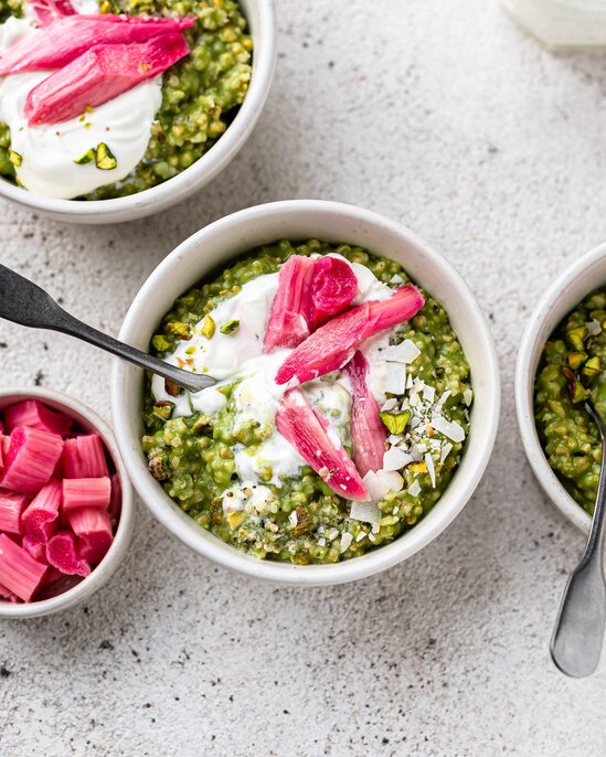 Green Porridge with Roast Rhubarb