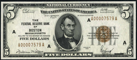 1929 Five Dollar Federal Reserve Bank Note