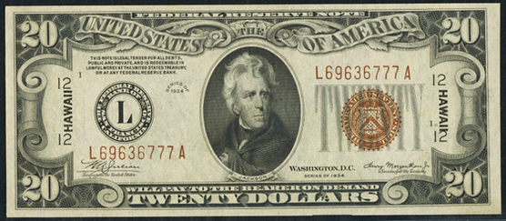 1934 Twenty Dollar Federal Reserve Notes Hawaii Brown Note